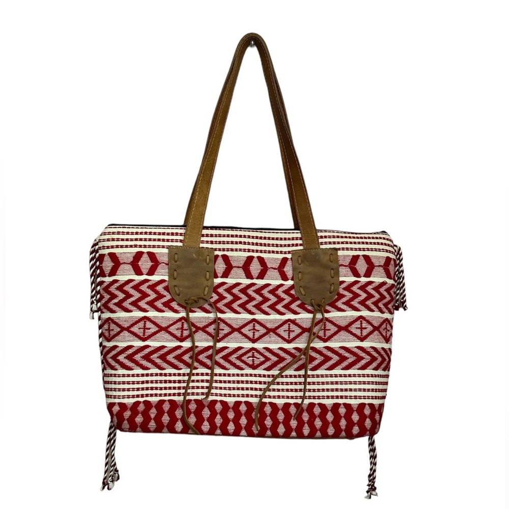 Noonday Collection Boho Western Cotton Leather Trim Large Tote Zip Closure